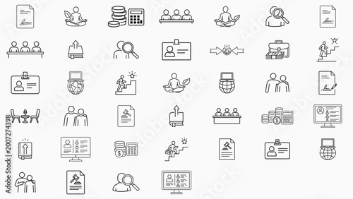 Modern professional human resources and business management combined vector icon set with 39 minimalist thin line icons featuring editable stroke for recruitment, payroll, mentorship, and career