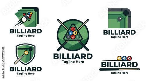 Bild auf Leinwand This collection features varied logo designs for billiard venues, showcasing elements of gameplay, strategy, and skill, appealing to billiards enthusiasts and players