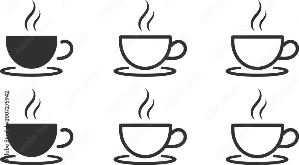 Fototapeta premium Six stylized icons of hot steaming coffee cups and saucers in black and white hot drink