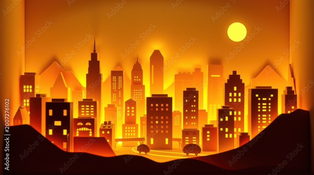 Obraz premium Papercraft cityscape glows warmly. Buildings, roads, moon create layered scene. Dramatic lighting emphasizes depth, texture. Minimalist design.