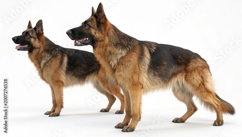A cute purebred German Shepherd dog and puppy sit together in a studio portrait isolated on a white background, showcasing the breed's beautiful brown fur and pedigree canine features