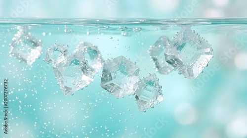 Crystals floating underwater in clear blue environment with sparkling particles