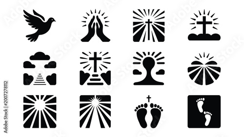 Konstfotografi Collection of black vector icons depicting christian faith and spirituality symb
