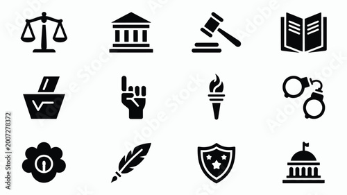Foto Minimalist icons of law justice and government on a clean grid layout including