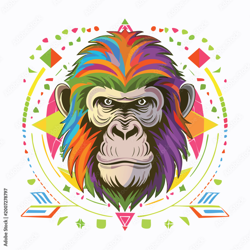 Fototapeta premium Colorful ape illustration with geometric elements on white background