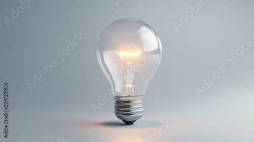 A glowing incandescent light bulb with detailed filament and reflective metal base on a neutral background.