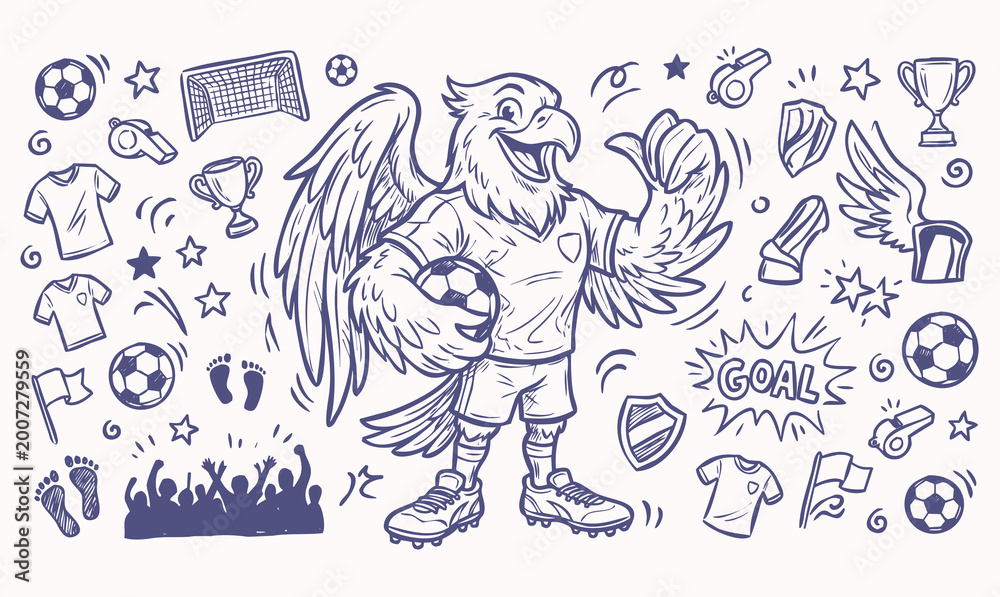 Obraz premium Vector doodle set of eagle soccer player mascots with football equipment and stadium icons. Hand-drawn blue line art collection of cartoon characters and sports elements isolated on a light background
