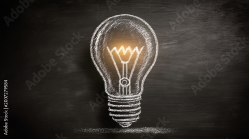 Glowing lightbulb drawn with white chalk on blackboard, symbolizing idea, innovation, creativity and bright inspiration.