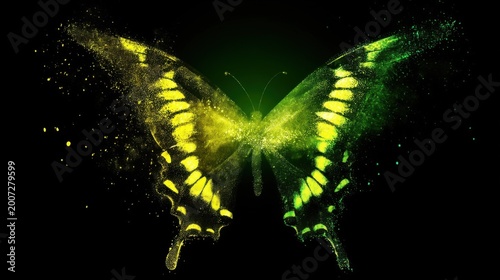 A glowing digital butterfly with luminous yellow and green wings, particles and energy effects on dark background.
