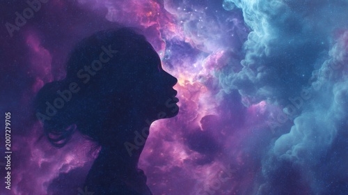 Silhouette of a woman gazing into a vibrant cosmic nebula with swirling purple and blue hues.