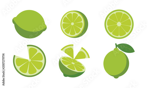 Obraz na plátně Collection of lime citrus fruit icons featuring whole pieces slices and segments