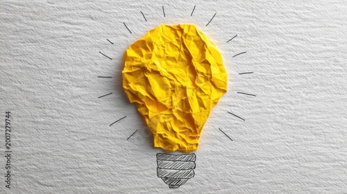 Bright yellow crumpled paper lightbulb symbolizes idea and innovation on textured off white background