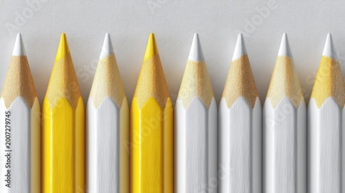 Eight sharpened pencils in a neat row alternating white and yellow with pointed tips standing upright.