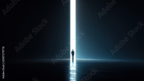 A solitary figure stands before a bright vertical beam of light, reflected on a dark surface amid deep shadows and mist.