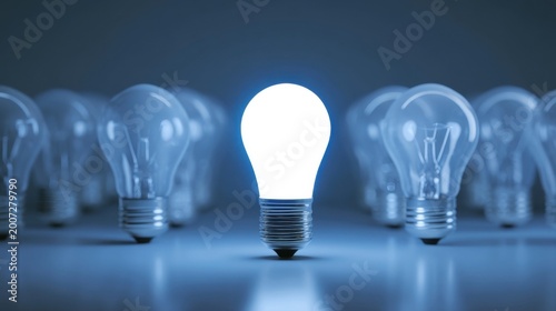 A glowing white light bulb stands out among unlit bulbs on a cool blue reflective surface, symbolizing innovation and id