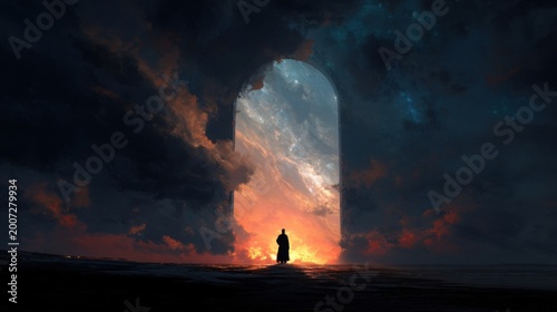 A monumental glowing arch portal on dark water under stormy sky with cosmic galaxy light silhouette figure stands.
