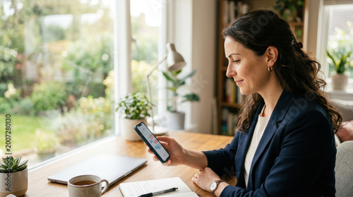 Administrative planner checking appointments on a smartphone at desk