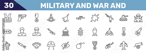Foto military and war and icon set with bulletproof, , in, canon signs in flat outlin