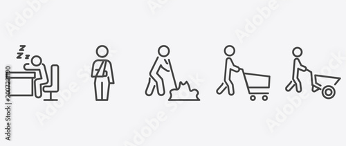 Fotografía behavior and action icon set with fracture arm, man digging, man shopping, man w