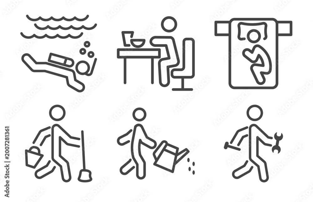Fototapeta premium behavior and action icon set with man diving, man eating, cleaner man, with tool signs in flat outline style