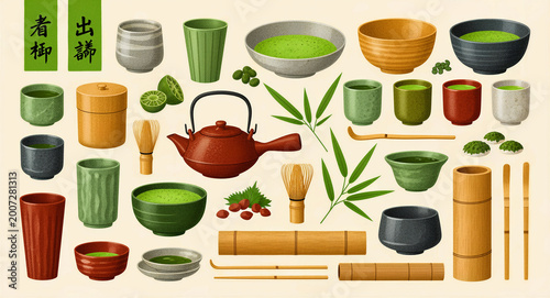 Traditional Japanese matcha tea ceremony elements and equipment set. Ceramic bowls, bamboo whisks, a clay teapot, and green tea powder items. Ideal for Japanese culture and wellness marketing.