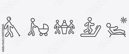 Schilderij op canvas behavior and action icon set with man with baby stroller, three men conference,