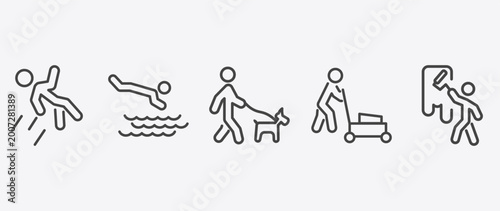 behavior and action icon set with headfirst to water, walking the dog, cutting lawn, man painting wall signs in flat outline style