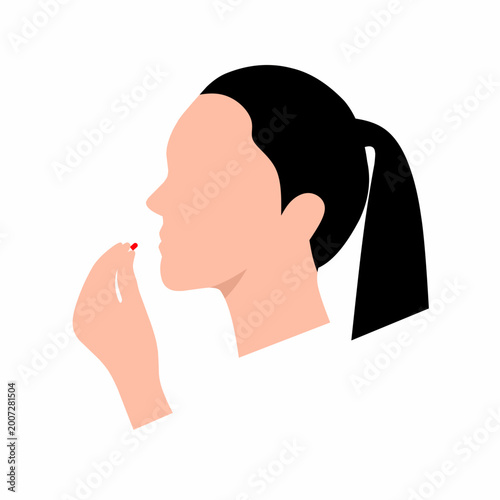 Vector illustration of a woman taking pills on a white background. The girl's head is visible, her mouth is visible, and her hand is holding the medicine.