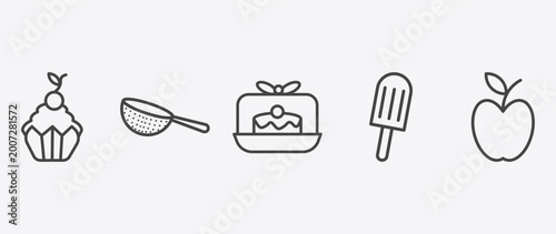 Bild auf Leinwand restaurant icon set with strainer with handle, cake box, ice pop, with skin sign
