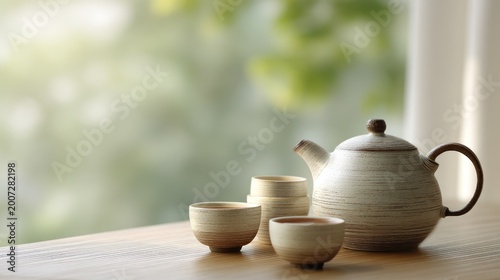 Serene Teapot and Teacups on Wooden Table with Soft Natural Light and Green Background in Minimalist Setting
