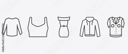 Quadro su tela clothes and outfit icon set with draped top, off the shoulder dress, hooded jack