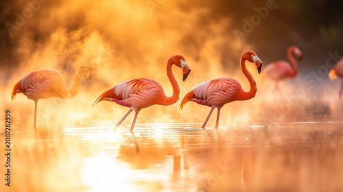 Graceful Pink Flamingos Walking Through Misty Water at Sunrise