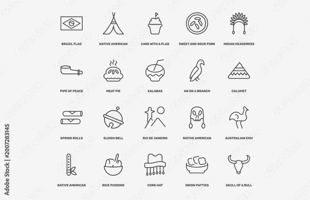 Fototapeta premium culture and civilization icon set with brazil flag, native american wigwam, cake with a flag, spring rolls signs in flat outline style