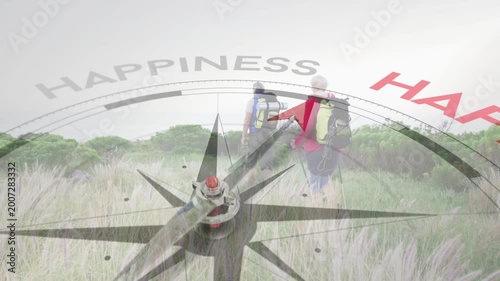 Two hikers hiking path, compass overlay rotating revealing hikers and guiding to HAPPINESS, design