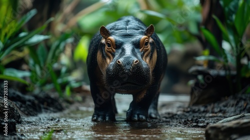 Cute baby hippopotamus walking near water surrounded by plants