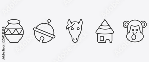Tableau sur toile culture and civilization icon set with sleigh bell, horse head, mud hut, chimp f