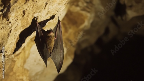 Close-Up of a Bat Hanging in a Cave Under Soft Natural Light