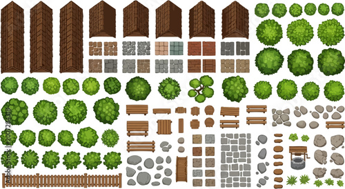 Top down game assets collection featuring roofs trees bushes benches stones and tiles in vector illustration format