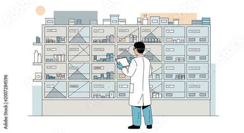 Pharmacist with Lab Coat Organizes Medications in Pharmacy Storage Shelves