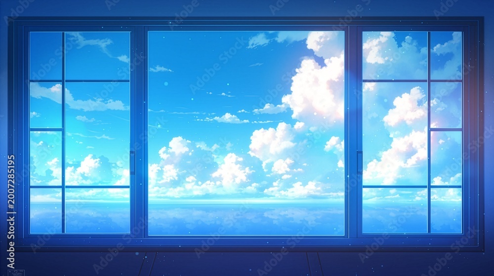 Fototapeta premium 開いた窓から見える広大な夏空、爽やかな風を感じる青空と白い雲の背景素材、広告・バナー向け