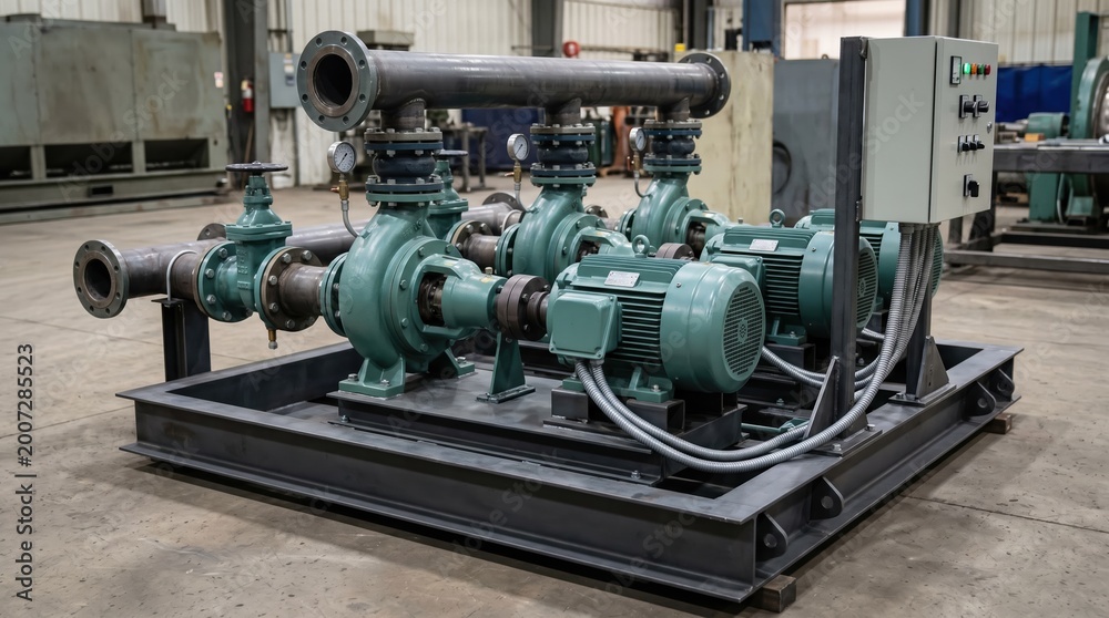 Obraz premium Medium shot of a triplex municipal water pump station assembly on a sturdy baseplate focusing on the robust design and readytoinstall configuration for largescale water management