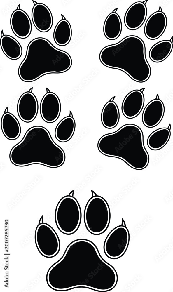 Fototapeta premium Animal paw print silhouettes set isolated on white background for pet design wildlife tracking and footprint illustration collection