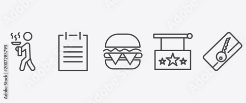 Photography hotel and restaurant icon set with agenda, cheese burger, hotel, key card signs