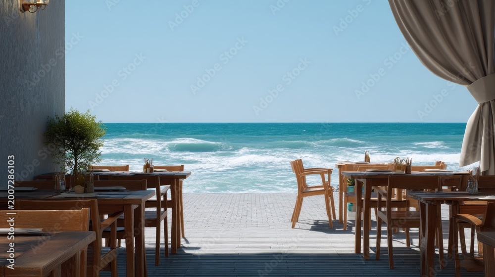 Fototapeta premium Serene Beachfront Dining with Wooden Tables and Ocean Views under Clear Blue Sky