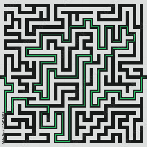 Abstract maze labyrinth pattern with solution path, black and white geometric puzzle design