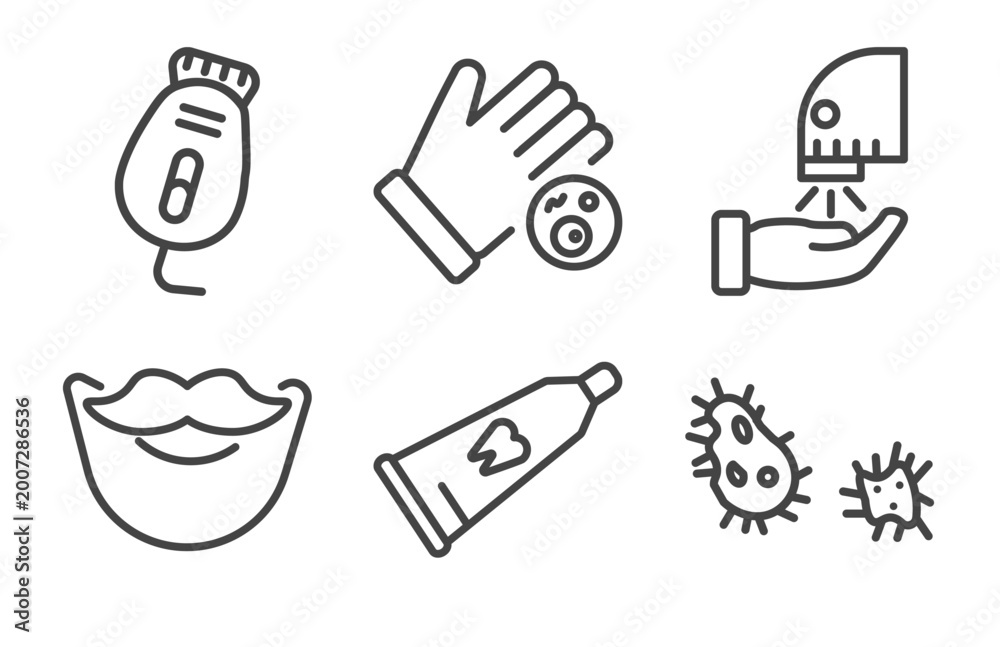 Fototapeta premium hygiene and sanitation icon set with epilator, drying hands, beardy, parasite signs in flat outline style