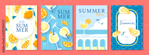 Set of summer Italian posters or covers with oysters, cocktails,  lemonade, lemons, seagulls and beach landscape. Vector illustration