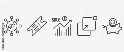 Fotografija marketing icon set with eticket, sales, pop up, pig bank signs in flat outline s