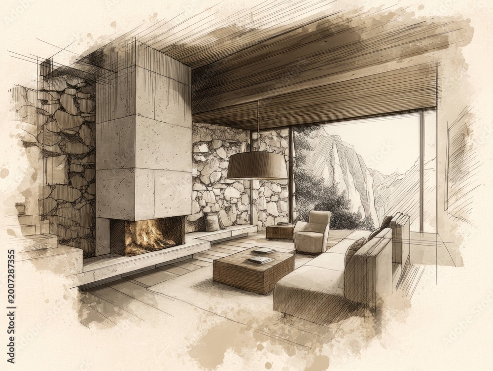 Fototapeta premium Living room interior with modern fireplace, stone wall, comfortable sofa and armchair, coffee table, large window with mountain view and wooden ceiling design.