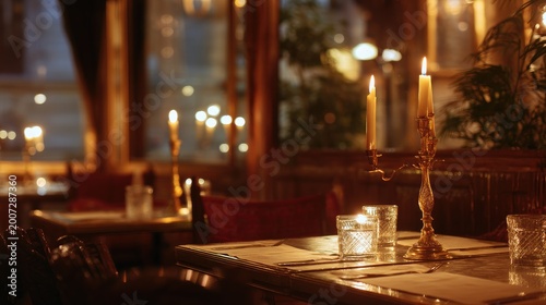 Elegant candlelit dining setting in a cozy restaurant with warm ambiance, inviting atmosphere, and romantic decor